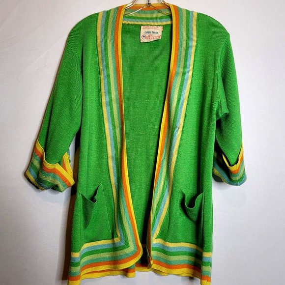 Vintage Cardigan Tie Waist Bright Green Renee Tener For Outlander Striped Trim - Picture 1 of 8